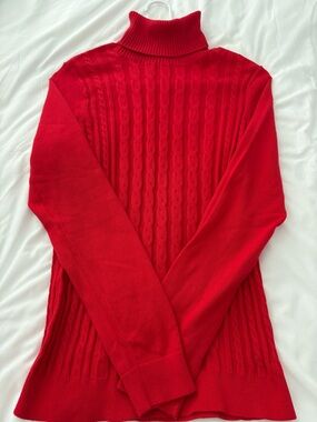 Lands' End Red Cable-Knit Turtleneck Sweater